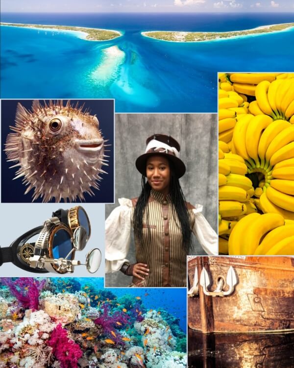 moodboard de ma prochaine publication, sur lequel on aperçoit un atoll du Pacifique, un poisson globe, des lunettes steampunk, une femme vêtue d'une tenue d'inspiration steampunk, des bananes, un récif corallien, et la coque métallique d'un navire