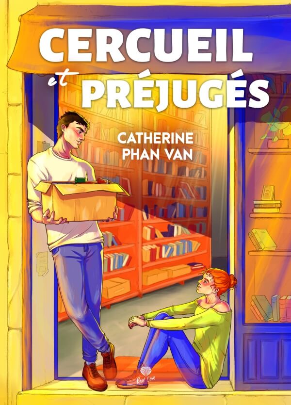 couverture du roman Cercueil et préjugés, représentant un jeune homme tenant un carton de livres et une jeune femme dans l'entrée de la librairie Mollat